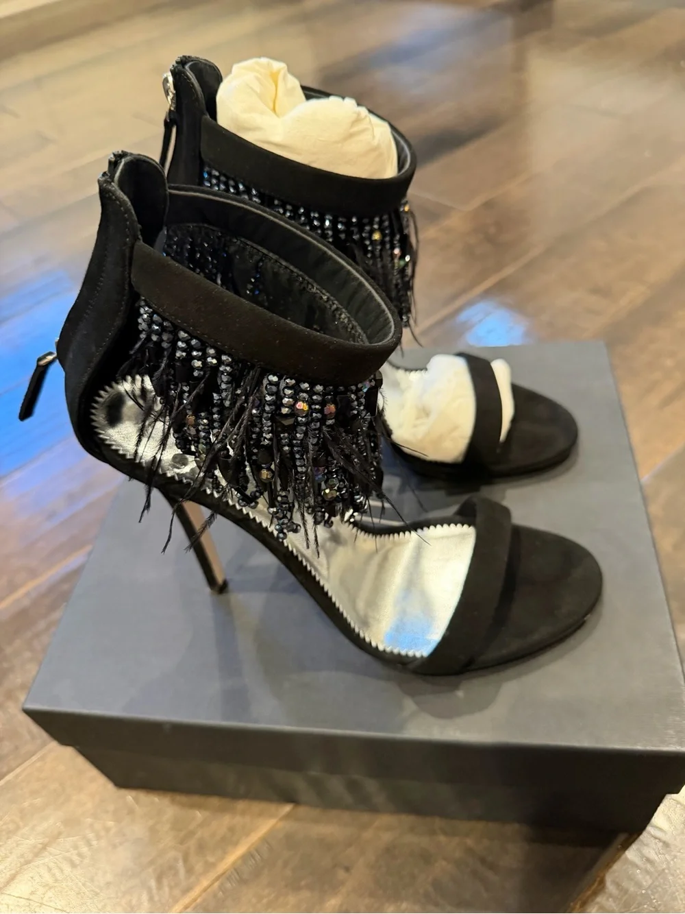 Giuseppe Zanotti Black Beaded Fringe Ankle-Strap Heels